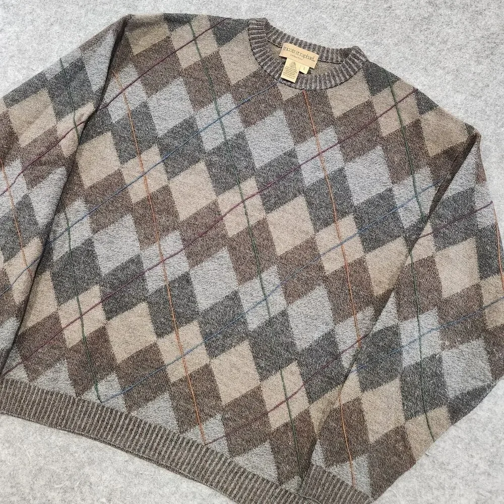 VTG Tricots St Raphael Mens L Large Pure‎ New Wool Knit Crewneck Argyle Sweater